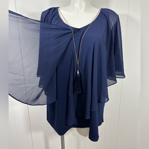NWT Avenue Studio Navy Blue Floral Sheer Top Tunic Sz 22 / 24 Overly Necklace - Picture 2 of 12